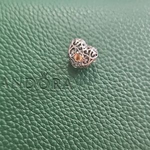 Pandora Silver Filigree Heart Charm with Yellow Stone .. November Birthstone